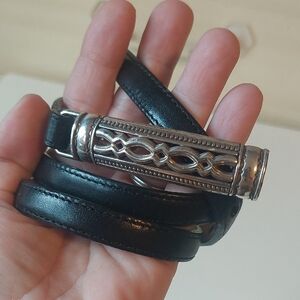 VTG Thin Black Leather Belt with Silver ornate buckle USA Brighton